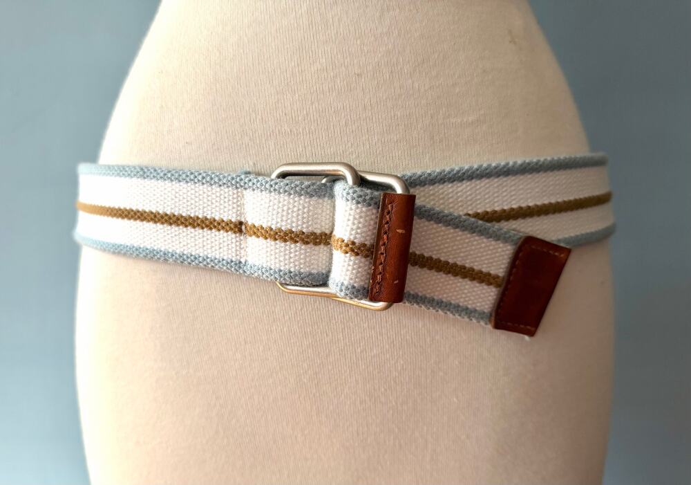 White/Blue/Brown Striped Cotton Belt w/Leather Trim Womens sz XS